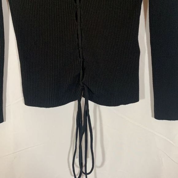 Topshop Black Ribbed Front Cage Tie-Up Long Sleeved Top - Picture 4 of 8